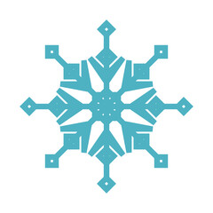 Intricate geometric snowflake design in vibrant blue against a clean white background