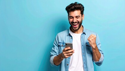 Ecstatic man checks phone