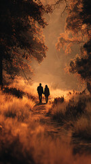 Fototapeta premium emotive autumn couple walking stock photo: Romantic Couple Walking Through Sunlit Autumn Forest Pathway during golden hour in natural forest, emotional mood and soft lighting, ideal for seasonal mark