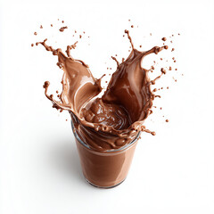 Splashing Glass of Chocolate Milk on White Background