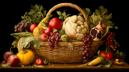 Bountiful Harvest Basket with Grapes Apples Cauliflower and Pomegranates Still Life