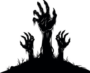 Creepy zombie hands emerging from dark ground silhouette halloween horror graphic vector