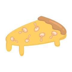 A delicious slice of cheesy pizza topped with mushrooms, set against a plain background