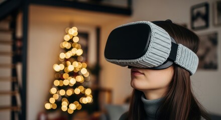 Young caucasian female experiencing virtual reality at home during festive season