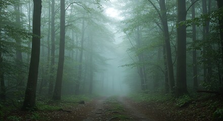 Naklejka premium Path Through Mystical Forest Trail in Foggy Weather Nature Scene