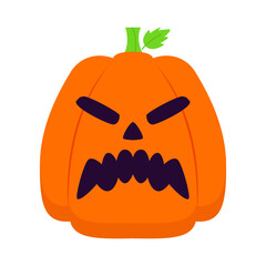 A menacing cartoon pumpkin with a sinister expression and vibrant green leaves atop its head