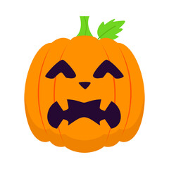 Cartoon pumpkin with a mischievous face and green leaf, set against a plain background