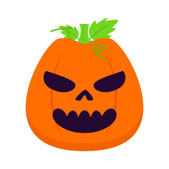 A vibrant Halloween pumpkin with a skull face and green leaves, set against a white background