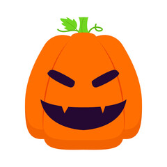 Cartoon pumpkin with a mischievous expression, vibrant orange color, and green leaves on top