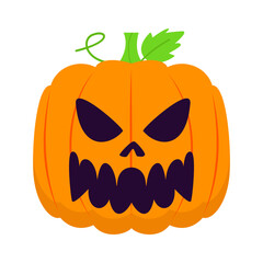A spooky Halloween pumpkin with a menacing skull face and green vine, perfect for festive decorations