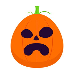 A whimsical cartoon pumpkin with a green stem and a surprised expression against a white background