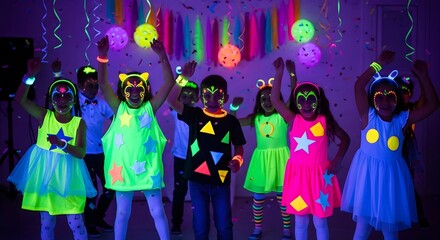 Modern Helloween concept Children Glow at a Neon Party