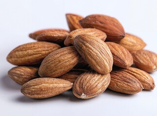 Fototapeta premium Close-up pile of whole natural brown almonds with textured rough shells isolated on white background healthy snack and nutrient rich food concept