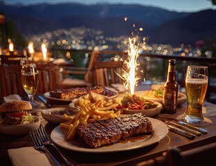 Outdoor dinner table with steak, fries, and fireworks