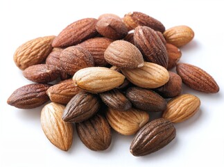 Fototapeta premium Pile of assorted whole almonds nuts with natural brown shells on clean white background with soft lighting