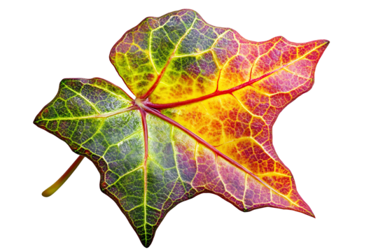 A vibrant ivy leaf with pointed lobes and high contrast vein pattern, isolated on white