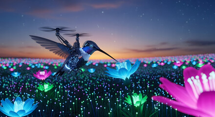 Surreal scene of a technologically enhanced hummingbird soaring above a vibrant, glowing garden of fantasy flowers