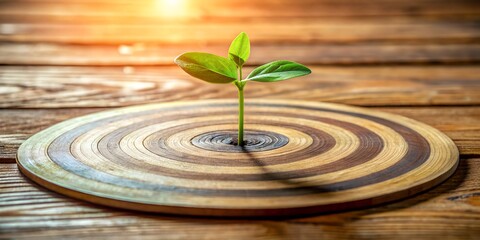 Small plant growing on a wooden target on a wooden surface with sunlight