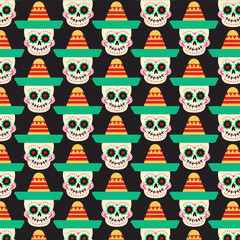 Fototapeta premium Sugar Skull SeamlessPattern. Dia de los Muertos. Black Background. Vector Illustrations