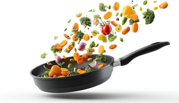 Colorful vegetables flying into a black frying pan - Powered by Adobe