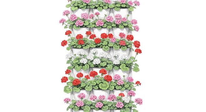Vertical gardening display featuring geraniums in a tiered planter system