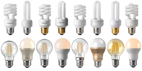Assorted light bulbs energy saving illumination isolated on a transparent background image