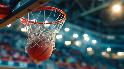 Basketball game ball goes through hoop at stadium competition indoor sport success