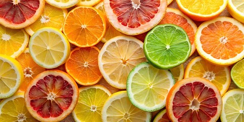 A vibrant assortment of citrus fruit slices arranged in a close up view