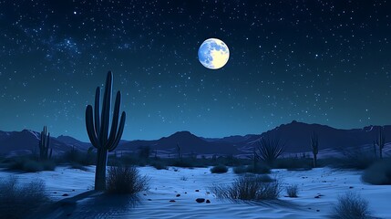 Blue desert scene with cactus and full glowing moon high resolution picture