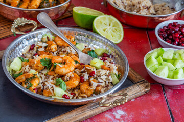 Tandoori prawns with wild rice