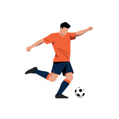 Obraz premium A dynamic 2D flat vector illustration captures an energetic soccer player powerfully kicking a ball with clean lines and solid colors, isolated on a white background.