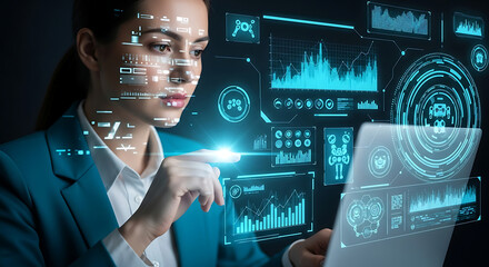 Woman in a blue blazer interacting with a futuristic holographic interface with data and graphics