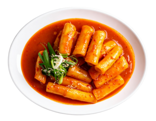  Spicy Tteokbokki with Fish Cakes on White Plate, Top-Down View, Isolated