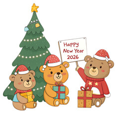 Fototapeta premium Three cute teddy bears celebrating new year with gifts and christmas tree isolated on transparent background