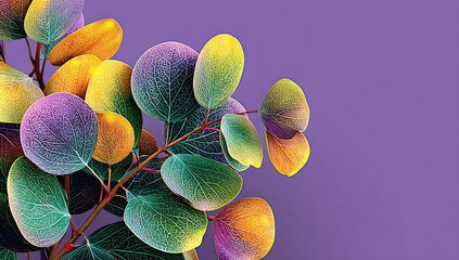 Vibrant eucalyptus leaves against a muted purple background