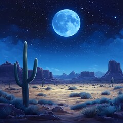 Bright blue moon shining above desert cactus landscape at night high resolution picture