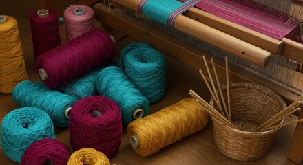 Colorful yarn spools clustered by a loom, next to wooden shuttles in basket on light wooden floor