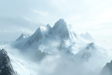 Obraz premium A breathtaking vista of snow-capped peaks shrouded in ethereal mist, showcasing a serene and majestic mountain landscape.