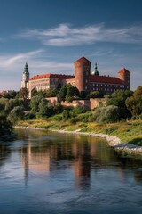 Fototapeta premium Wawel Castle Above Vistula River in Krakow, Poland, Gothic and Renaissance Architecture at Sunset