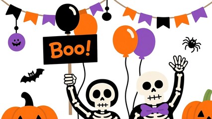 Fototapeta premium Flat vector illustration of Halloween party collection with cute skeleton holding 