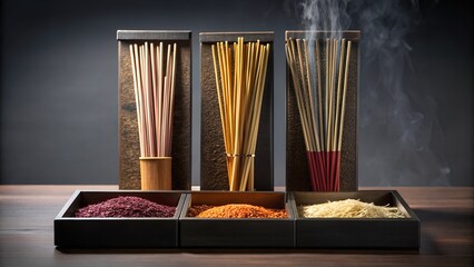 Three sets of incense sticks with matching powders in wooden containers