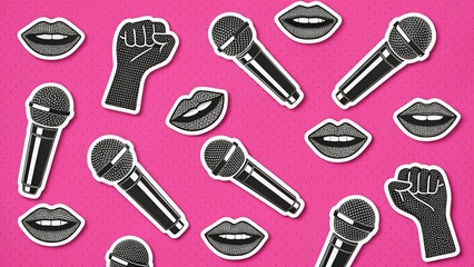Empowering Voices A Dynamic Pattern of Microphones Lips and Raised Fists Against a Vibrant Pink Backdrop Symbolizing Freedom of Speech and Expression