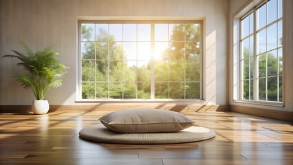 Interior space with cushion on mat and plant near large window view