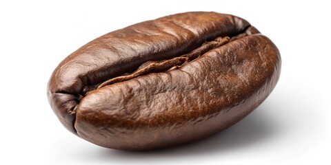 A single roasted coffee bean on a white surface in a close up view