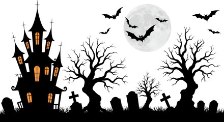 Vector set of Halloween silhouettes including haunted house, dry trees, graveyard, crosses, bats, and full moon, solid black shapes, white background