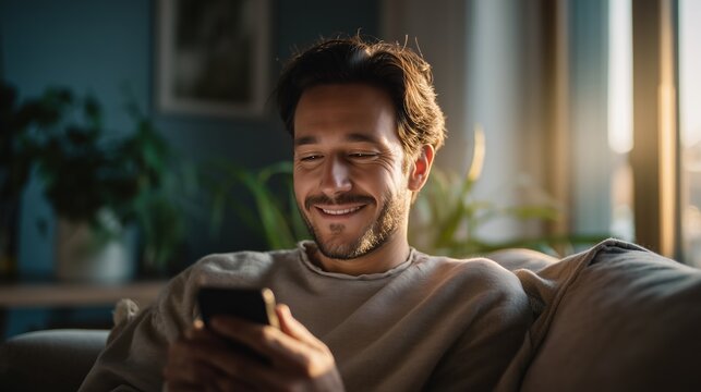 A young Caucasian man with dark hair smiles while using a smartphone on a couch. Natural light from a window illuminates the cozy room with plants. - Powered by Adobe