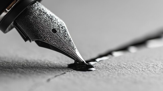 A close-up of a fountain pen nib creating a line of black ink on textured paper. The focus is on the nib and the ink flow.