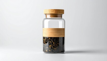 Clear glass jar filled with dark, loose tea leaves, sealed with a wooden lid, on a white surface. Simple, clean and minimal aesthetic