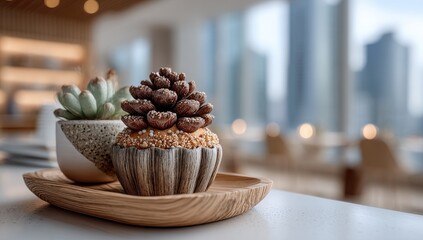 Succulents and pine cone decor on a light wooden tray