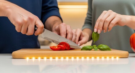 Young caucasian couple preparing fresh salad together in modern kitchen